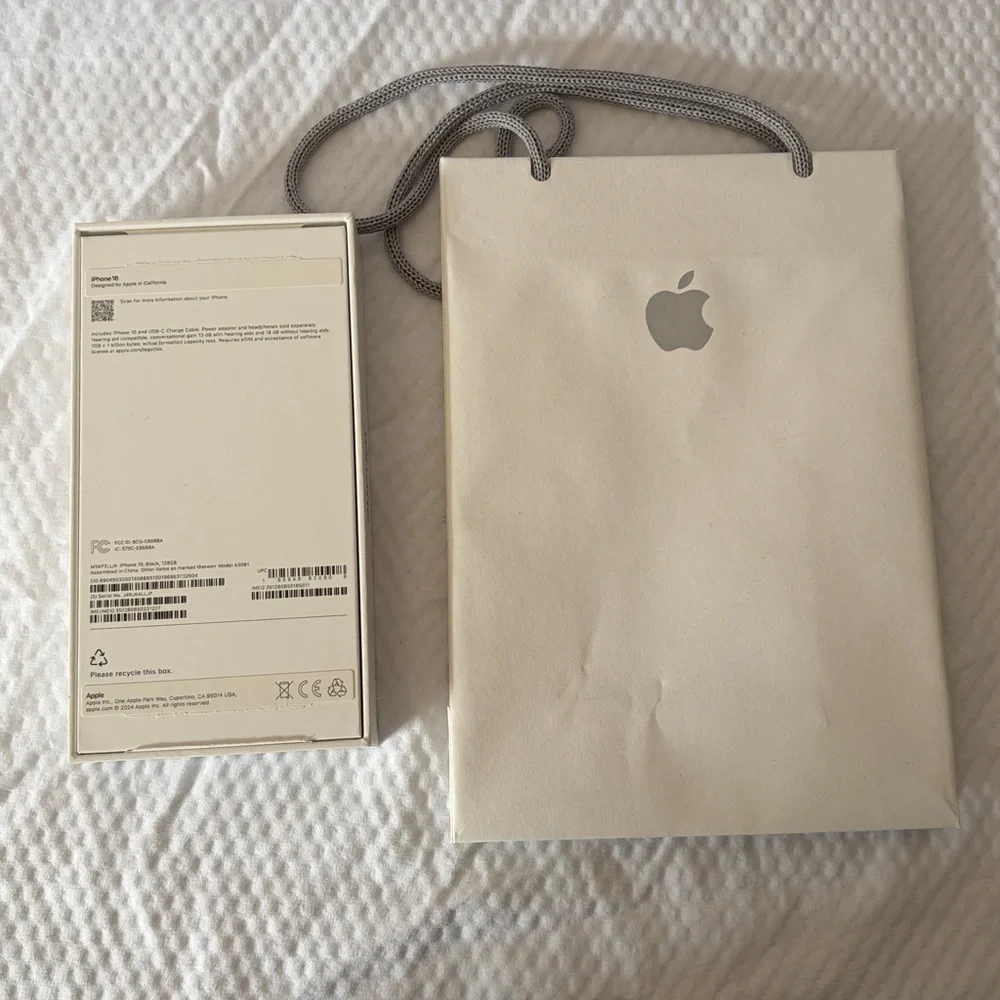Empty Apple Box And Bag Box for iPhone 16 (in Black) Standard Apple Store Bag